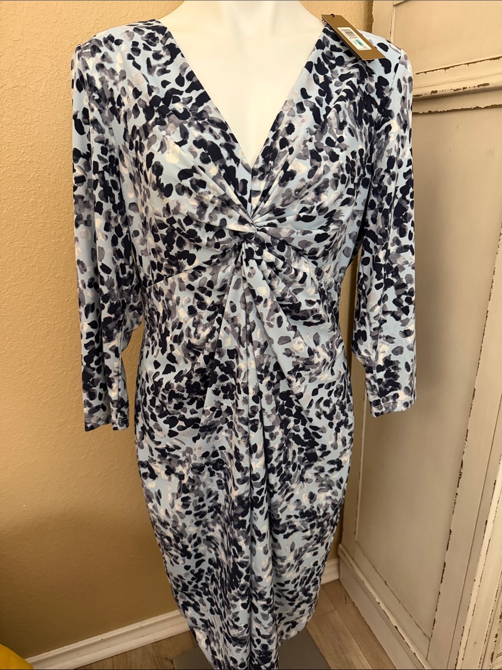 Donna Karan Blue and White Twist-Front Midi Dress